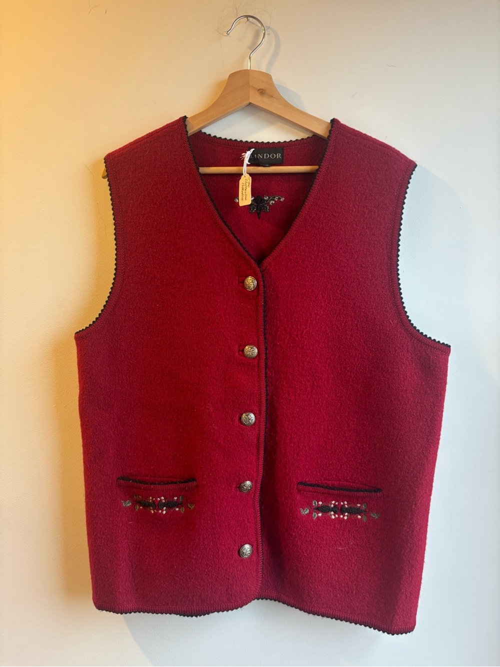 Red Boiled Wool Button Vest